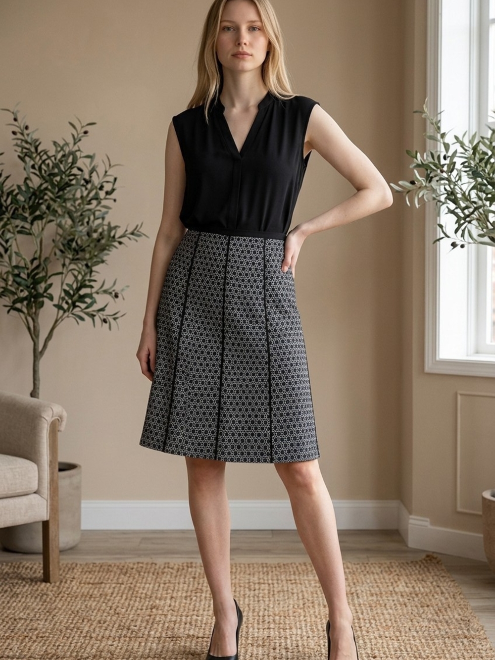 Ann Taylor Silk Black and Gray Patterned A-Line Skirt